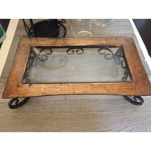 Rustic Metal & Glass Rectangular Centerpiece With Scrollwork Design Gold Finish